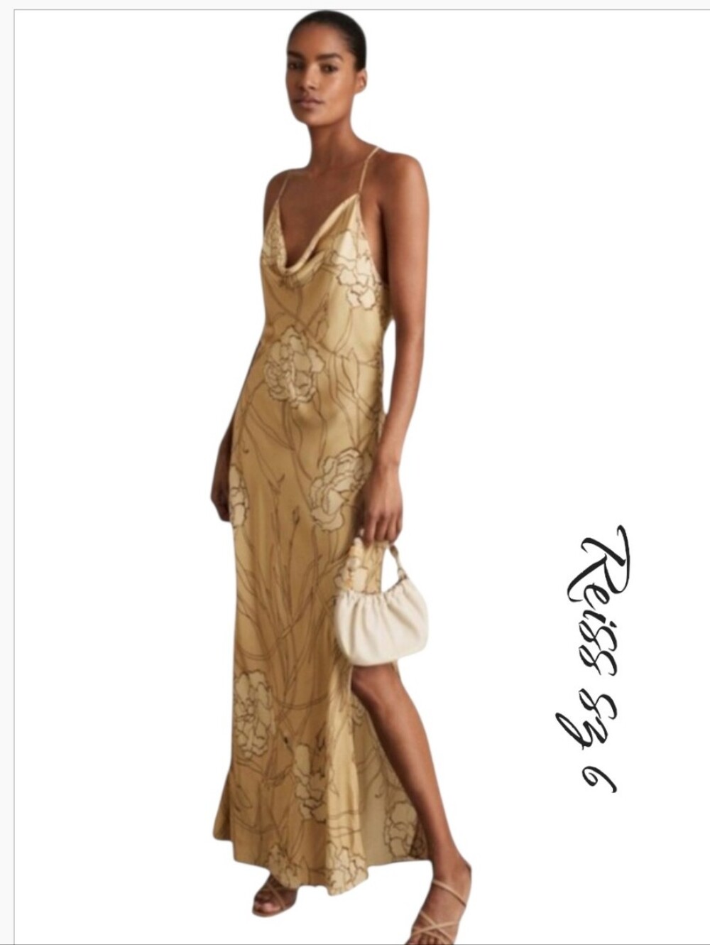 REISS Rochelle Gold Satin Floral Print Slip Maxi Dress Size 10